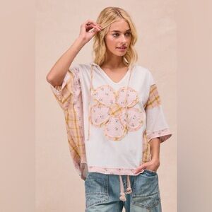 BiBi NWT  Floral Patchwork V-Neck Hoodie - Pink and White